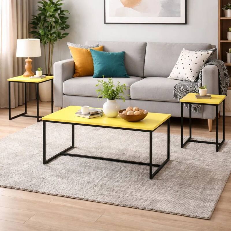 Ont 3 Piece Coffee Table and End Table Set, Yellow Carbon Fiber Top