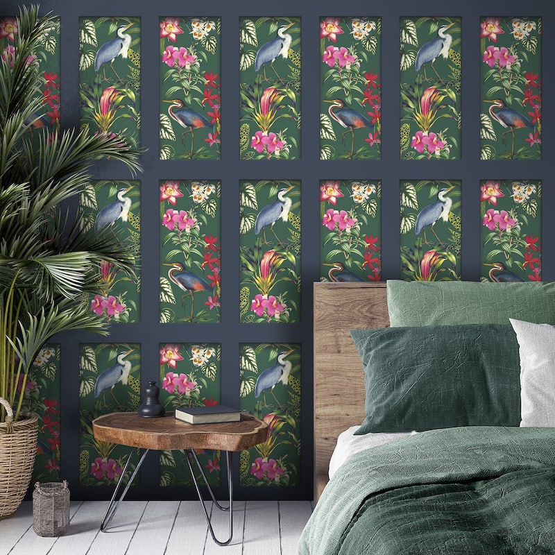 Fine Decor Silas Dark Blue Tropical Panel Wallpaper - N/A