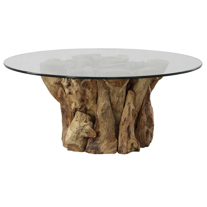 Teak Wood Trunk Coffee Accent Table With Glass Top 40" Brown and Clear