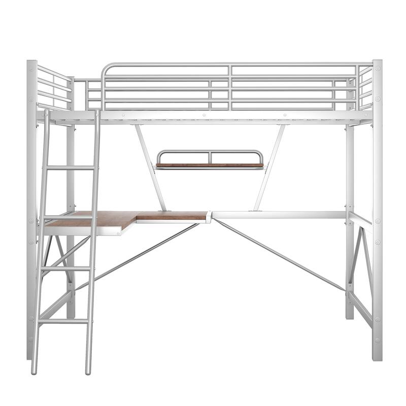 Roomfitters Twin/Full Loft Bed with Metal Frame, MDF Desk and Integrated Shelf for Study Space
