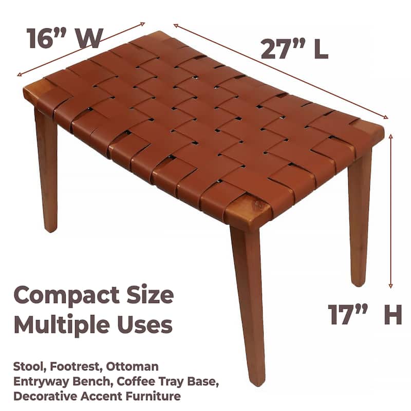 Cognac Leather and Wood Stool Modern Ottoman Foot Rest Seat for Home