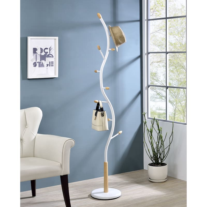 Modern Metal Black and Walnut Standing Coat Rack for Home Entryway Organization & Storage - White