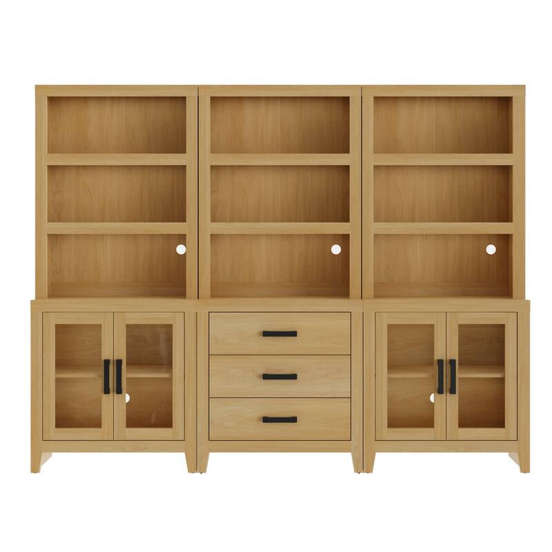 WAMPAT 74" Tall Bookshelf with Glass Doors and Drawers, Farmhouse Bookcase with Adjustable Shelves