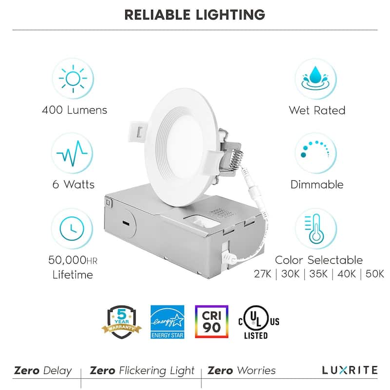 Luxrite 16 Pack 3" Ultra Thin LED Recessed Light J-Box 6W 5 Color Options Dimmable 400 Lumens Baffle IC Rated