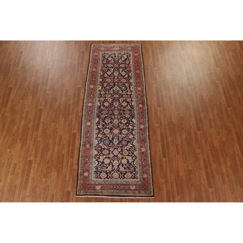 Hand Knotted Oriental 100% Wool Carpet Traditional Geometric Navy Blue & Blues Mahal Runner Rug - 10' 11'' X 3' 11''