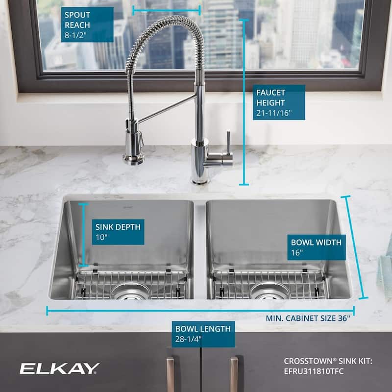 Elkay Crosstown 16 Gauge Stainless Steel, 30-3/4" x 18-1/2" x 10" Equal Double Bowl Undermount Sink Kit