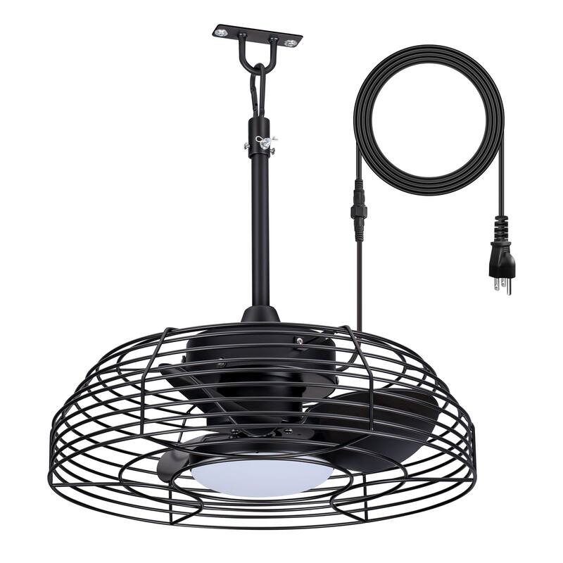 19" Industrial Black Indoor/Outdoor Chandelier Caged Ceiling Fan with Light and Remote