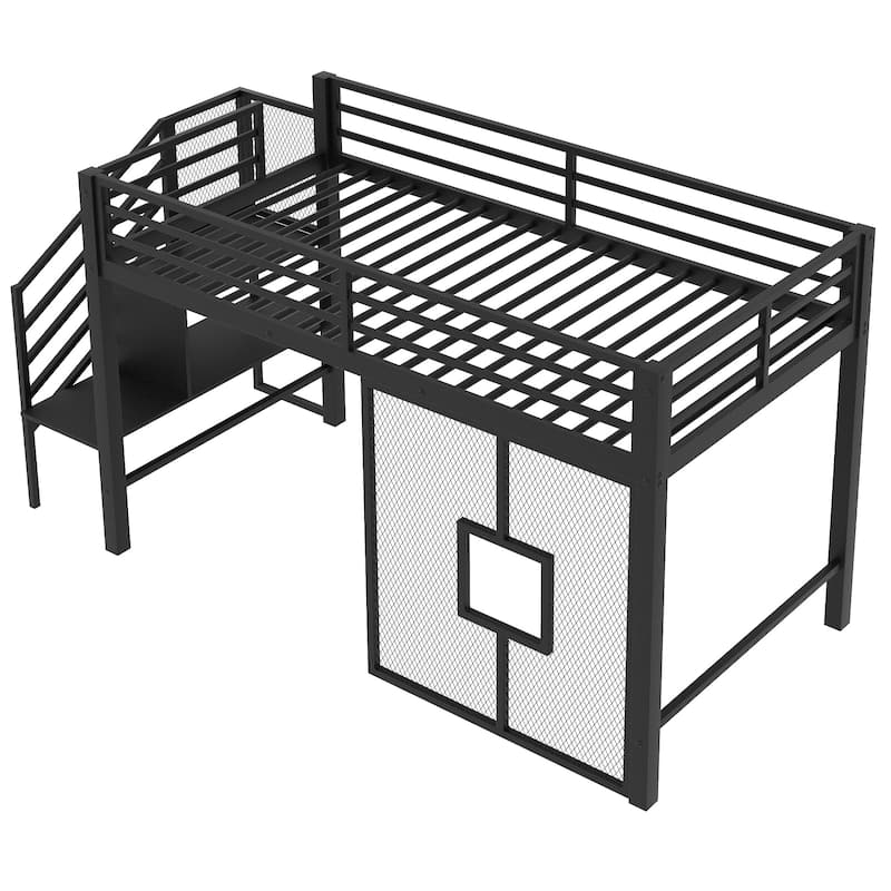 Black Twin Size Metal Low Loft Bed Frame with Storage Staircase and Iron Mesh