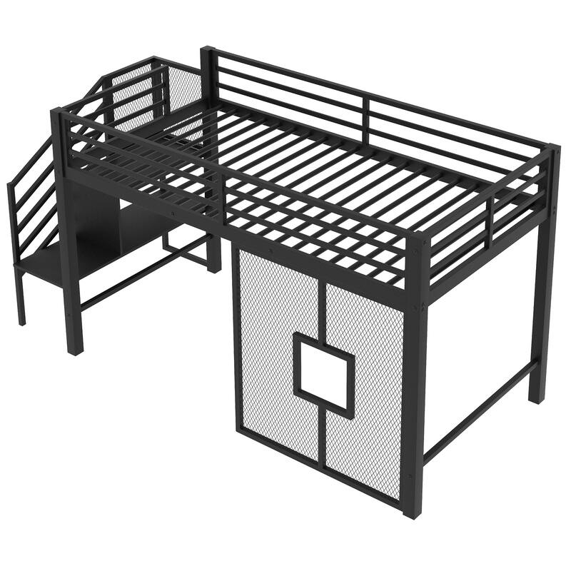 Roomfitters Twin Size Metal Low Loft Bed Frame with Storage Staircase and Mesh Design, Black