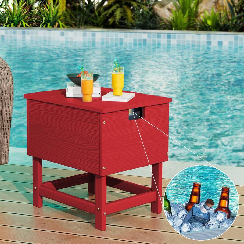 Outdoor Patio Weather Resistant HDPE Coffee & Side Table, Build-in Stainless Steel Cooler Bucket