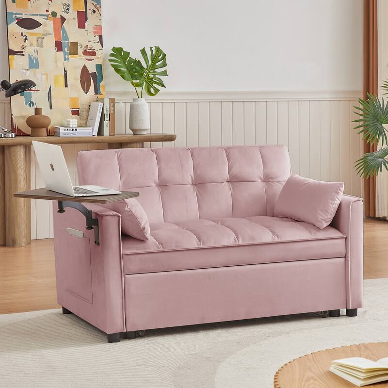 3-in-1 Convertible Sleeper Sofa Bed, Loveseat with Side Pockets, Small Lounge Sofa with Adjsutable Backrest and Lumbar Pillow - Pink