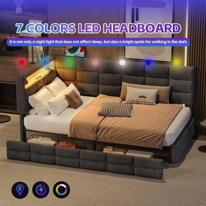 Twin Size LED Daybed with Storage Drawers and Charging Station