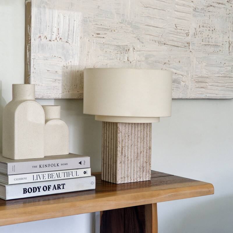 Brightech Atticus LED Natural Beige Stone Modern Industrial Square Dimmable Bedside Nightstand Desk Lamp