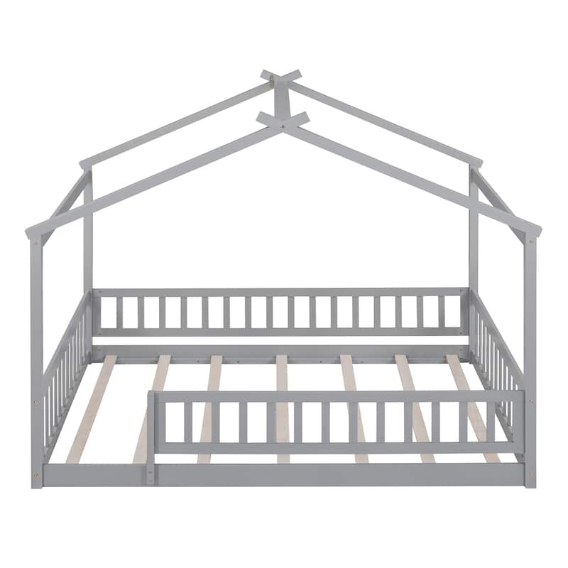 Wood Bed House Bed Frame with Fence for Kids