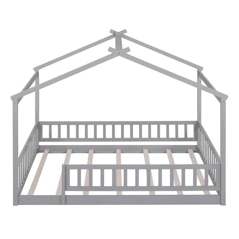 Wooden Full Size House Bed with Enclosed Play Space and Fence Design