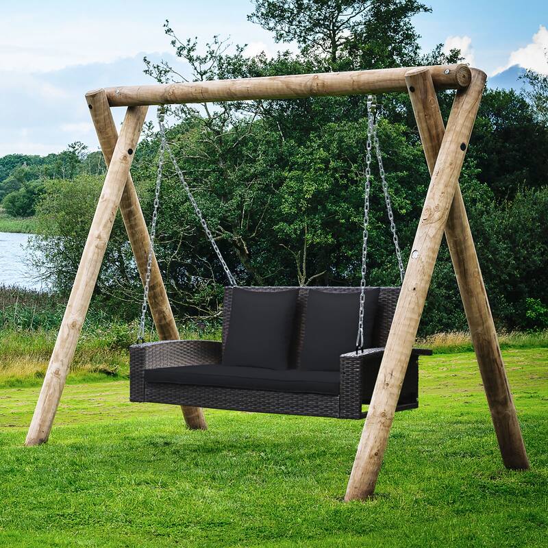 Costway 2-Person Patio Rattan Hanging Porch Swing Bench Chair Cushion