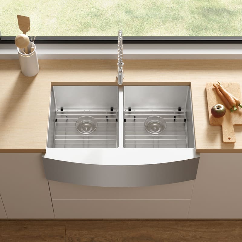 Double Bowl 33 inches 16 Gauge Farmhouse Sink Stainless Steel with Accessories