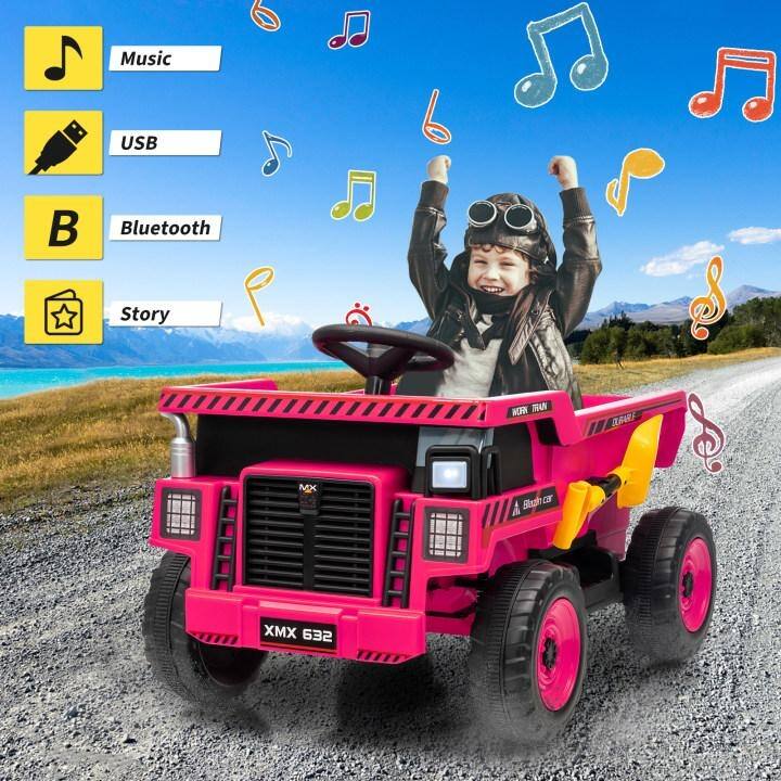 12V Ride-On Dump Truck with Remote Control, Automatic Lift Bed, Shovel & Music Player – for Kids Ages 3–8