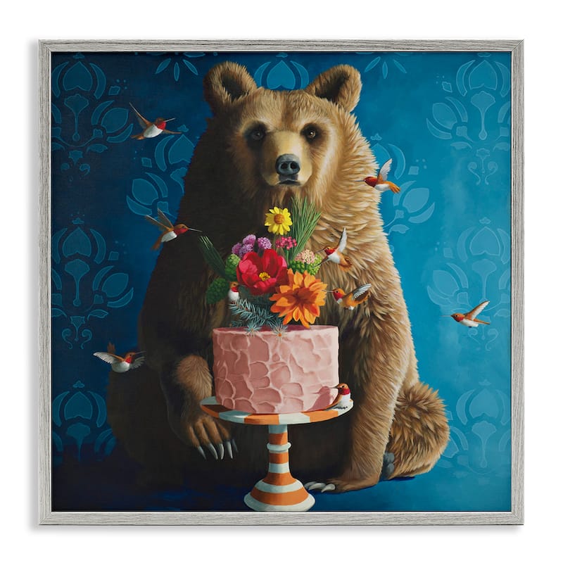 Stupell Bear with Sweet Dessert Cake Framed Giclee Art Design By Heather Gauthier - 24 x 24 - Grey
