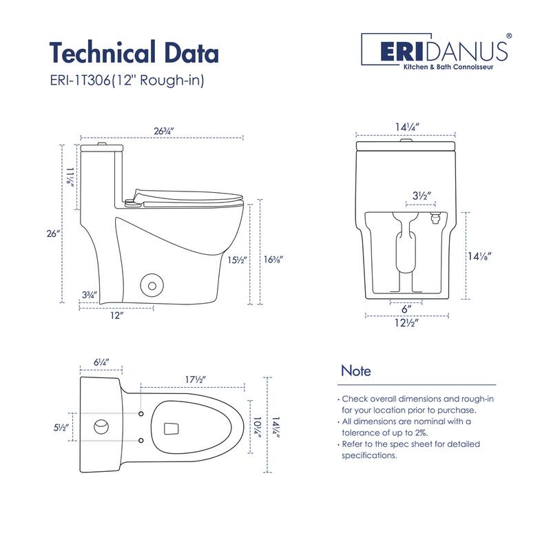 Eridanus Tucson Standard Compact One Piece Toilet, 12-inch Rough in, Crisp White, Seat Included
