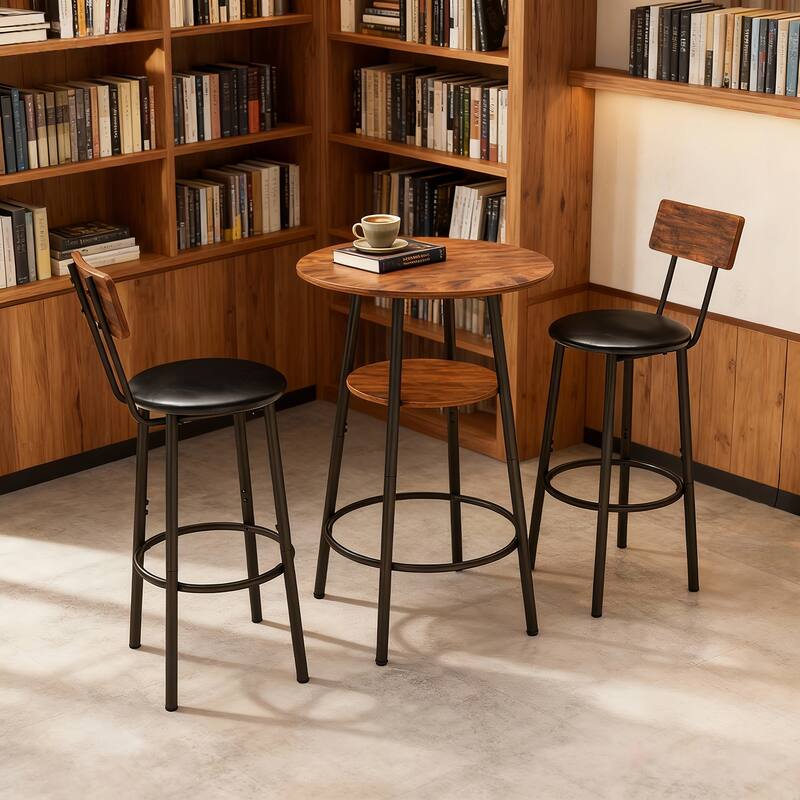 3 Pieces Round Bar Table and Chairs Set, Small Dining Table for 2 with 2-Tier Storage & 2 PU Upholstered Bar Stools