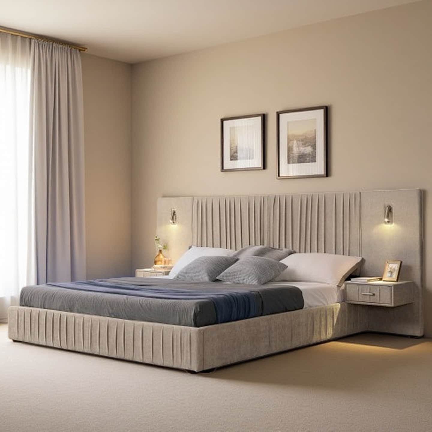 Queen Size Upholstered Platform Bed with Chenille Pleated Headboard, Integrated Bedside Table with Adjustable Lamp, Solid Frame