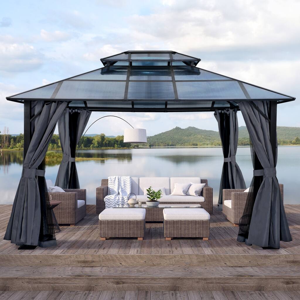 12x10ft Outdoor Double-Roof Gazebo with Curtains and Mosquito Netting