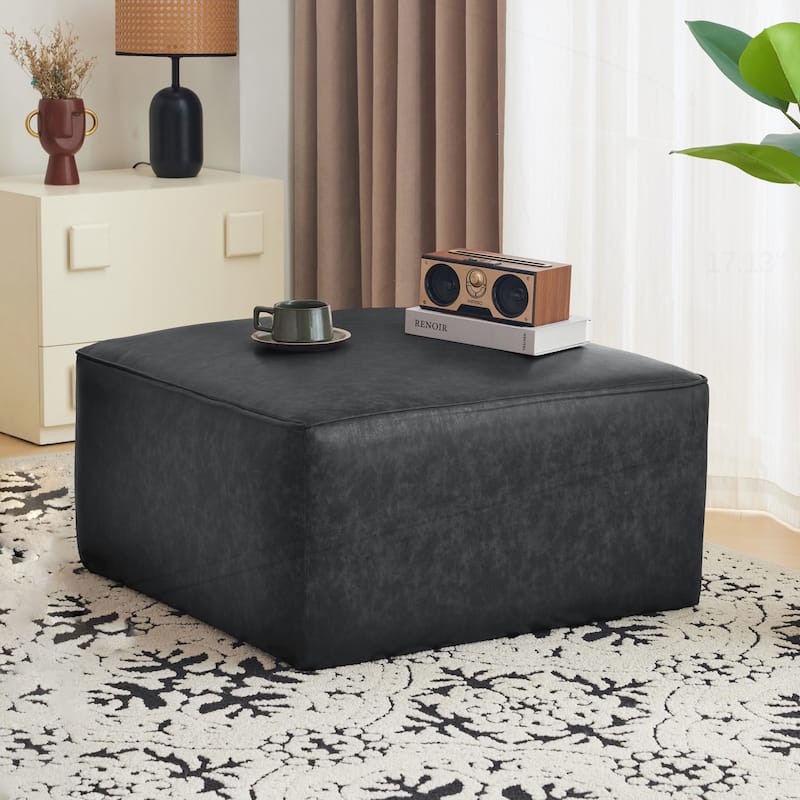 Square PU Leather Ottoman - Black