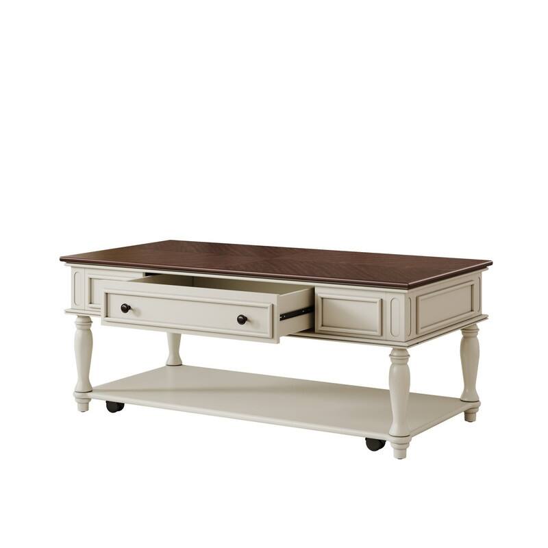 Farmhouse 47.2" Coffee Table with Drawer, Retro Design Easy Assembly and Movable Lockable Wheels for Living Room
