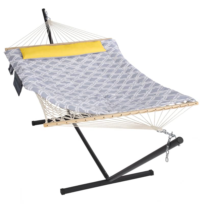 Hammock Double Hammock with Stand, Two Person Cotton Rope Hammock - 147.6(L)*52(W)*47.6(H) - Gray Drops