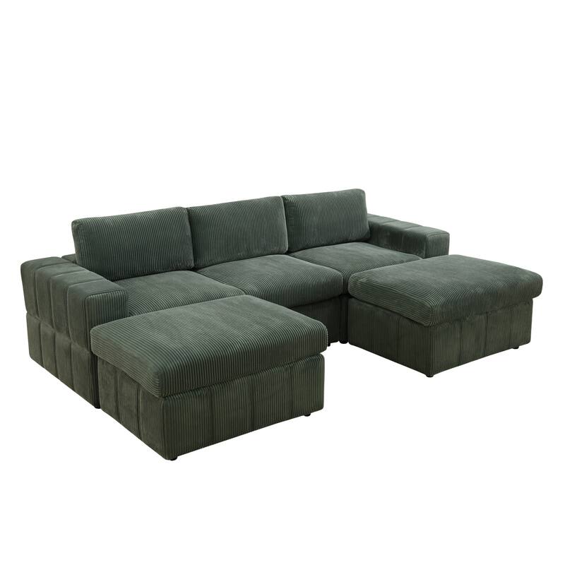 104'' Modern 5 Seaters Corduroy Sectional Sofa with 2 Ottomans, U-Shaped Modular Couch