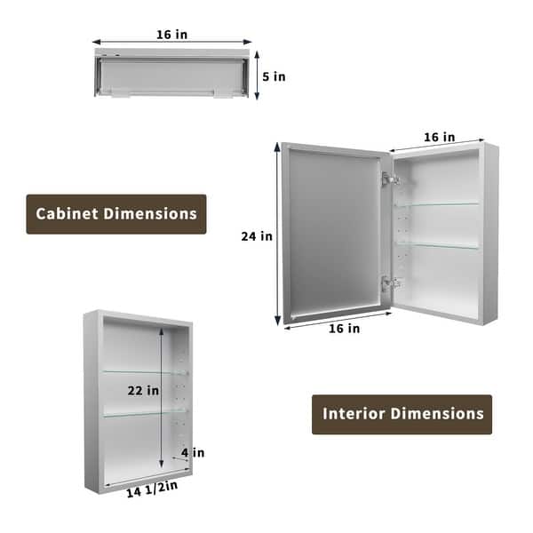 dimension image slide 5 of 6, Modland Single Door Bathroom Medicine Cabinet with Mirror Adjustable Shelves,Recessed or Surface Mount