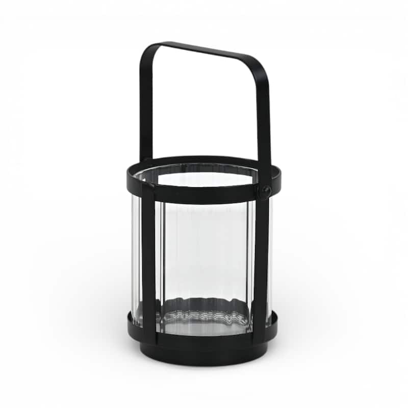 Vortial Fluted Glass Candle Lantern with Black Metal Frame