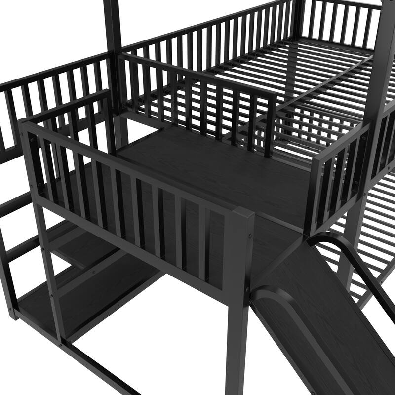 House Themed Bunk Bed with Storage Stairs, Slide and Safety Guardrails