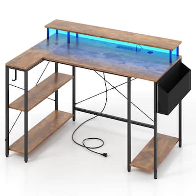 Costway 48" L-Shaped Gaming Desk with LED Lights & Power Outlets
