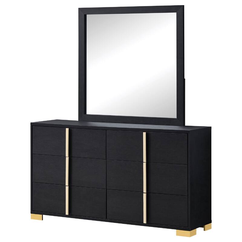 Dex Wide 6 Drawer Dresser with Mirror, Contemporary Gold Metal, Black