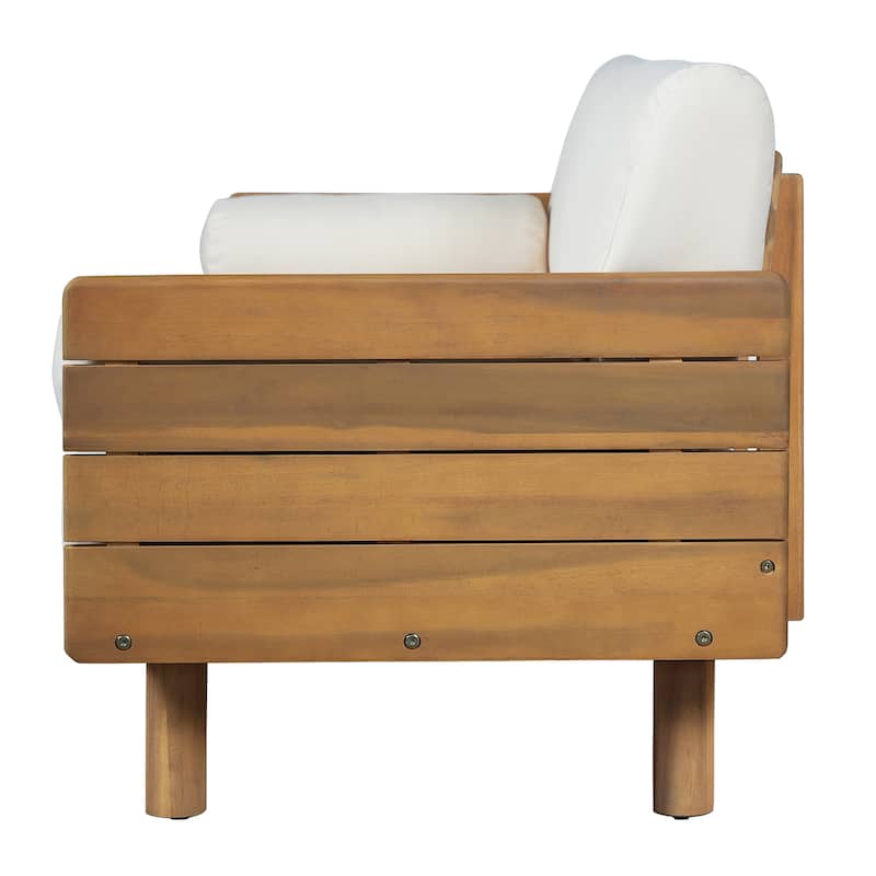 Christopher Knight Home - Mid-Century Acacia Wood Outdoor 3-Seater Patio Sofa with Water-Resistant Cushions and Bolster Pillows