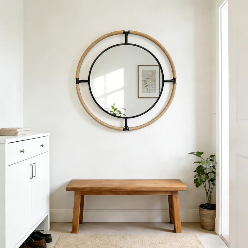 Coastal Rope & Iron Round Wall Mirror Hanging Decor for Living Room - 32"X32"