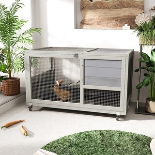 Standing Rabbit Storage 2-Tier Wood Bunny Cage Rabbit Hutch with Wheels and Ramp - Bed Bath ...