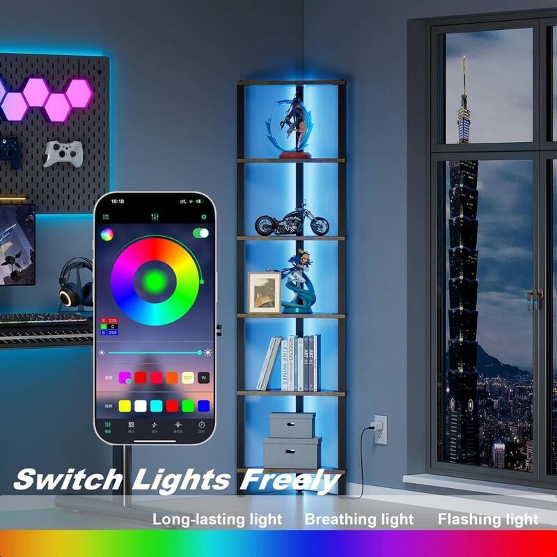 6-Tier Corner Bookshelf with LED Light