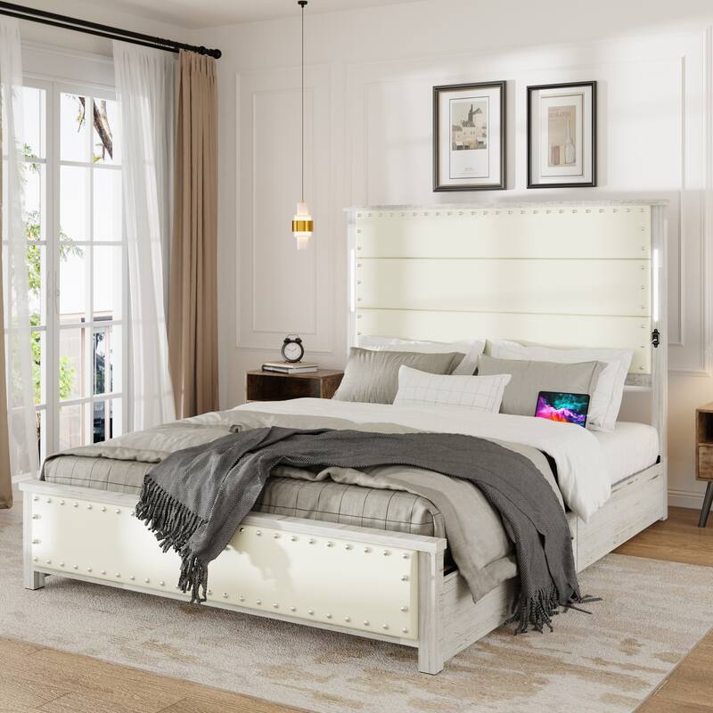 Bed Frame with Headboard and 4 Storage Drawers, Charging Station and LED Lights - Queen