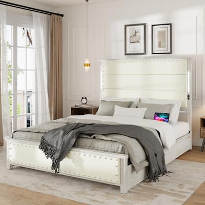 Queen Size Bed Frame with Charging Station and LED Lights