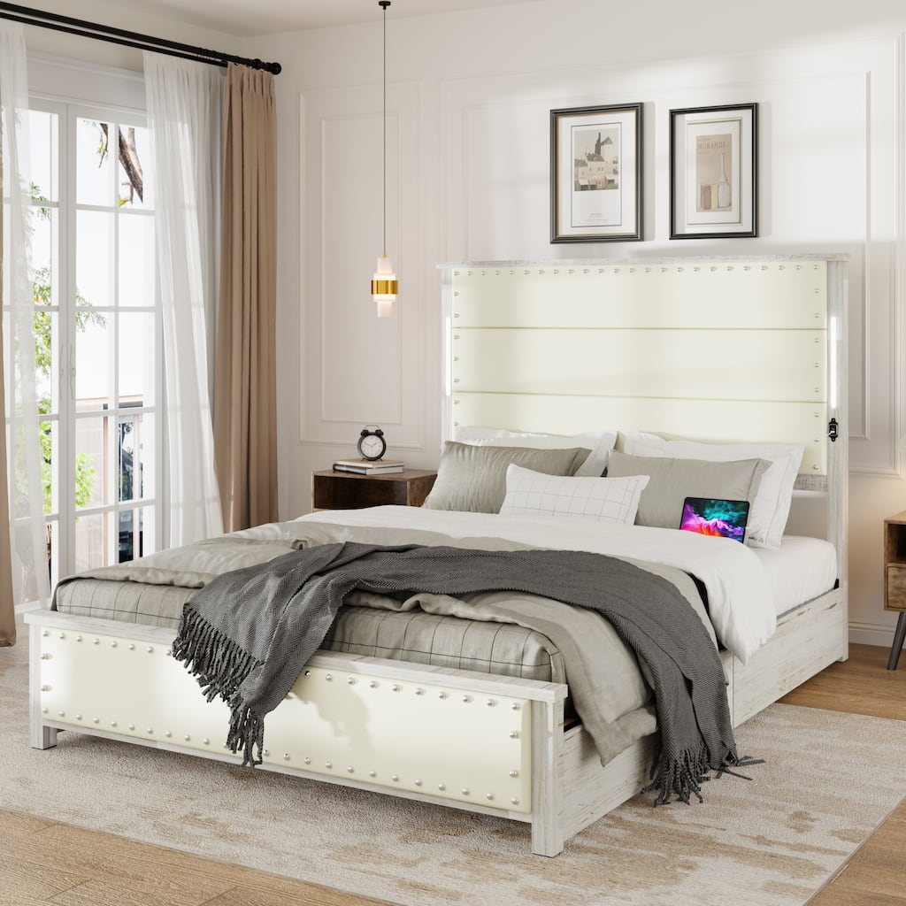 Queen Size bed Frame with Upholstered Headboard and 4 Storage Drawers , Queen bed Frame with Charging Station and LED Lights