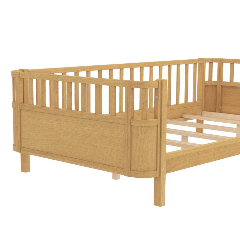 Multi Size Low Platform Bed for Kids with Rounded Corners Guardrails, Detachable Right-side Fence and Open Left-side Design