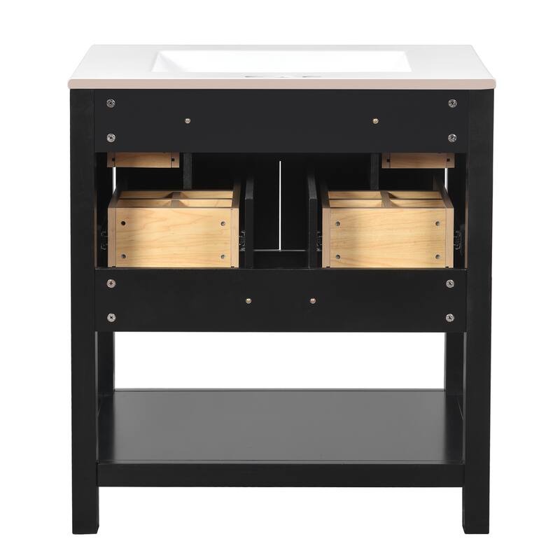 Bathroom Vanity with Ceramic Sink, Bathroom Storage Cabinet with 5 Drawers, Bathroom Vanity Set with Open Shelf