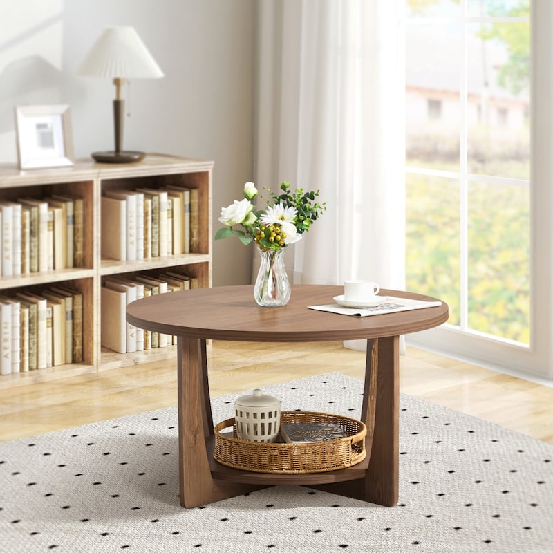 31.5" Round Coffee Table with Solid Wood Legs and 2-Tier Storage - 31.5"Dia x 17.72"H