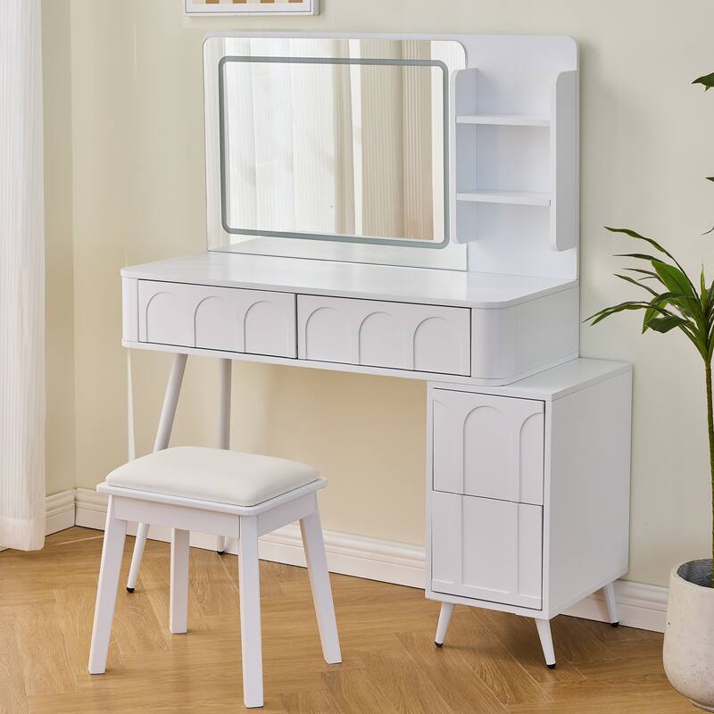 Modern Makeup Vanity Desk with LED Lights & Mirror, Extendable Dressing Table Set with Stool, 4 Drawer & Side Cabinet