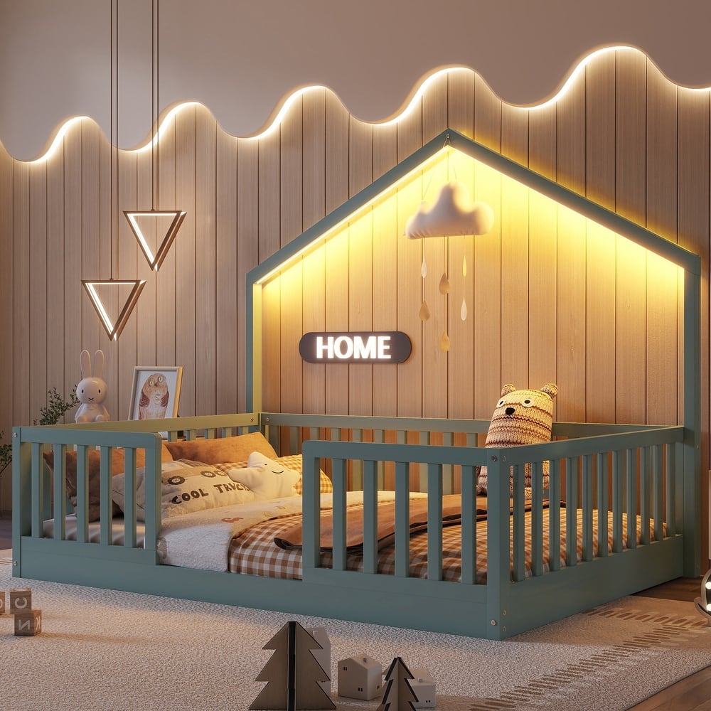 Wooden Floor Bed House-shaped Frame, Montessori Floor Bed with Light and High Rails, Wood Slat Support Floor Daybed