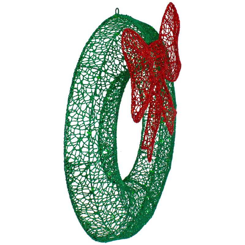 24" LED Green Glitter Wreath with Red Bow Outdoor Christmas Decoration