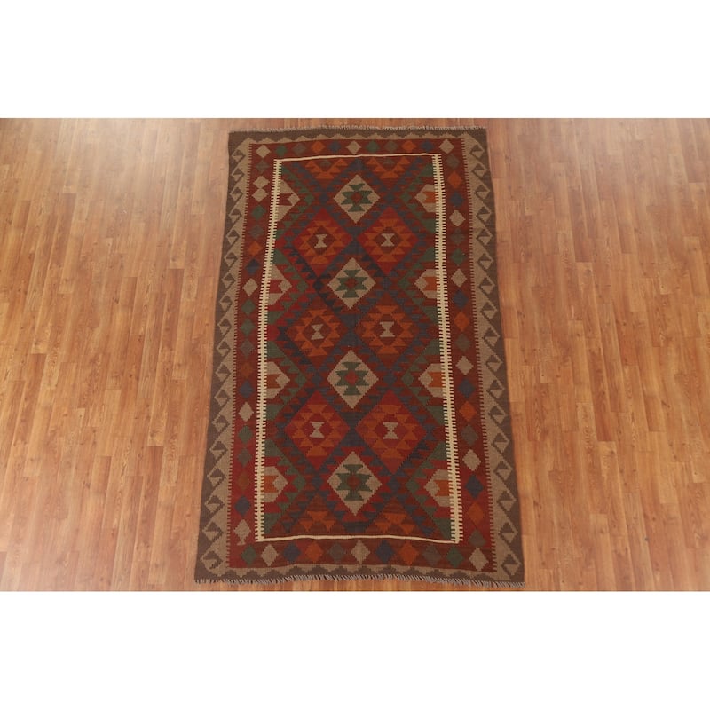 Geometric Kilim Area Rug Hand-woven Reversible Wool Carpet - 5'0" x 8'4"